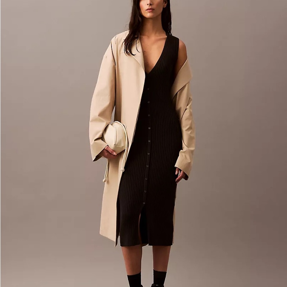Calvin Klein smooth cotton rib sweater midi v neck dress